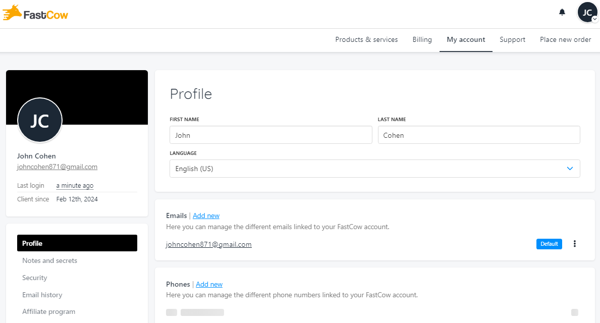 screenshot of Client Area