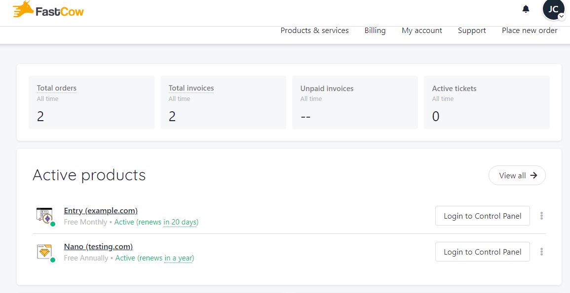 screenshot of Active products