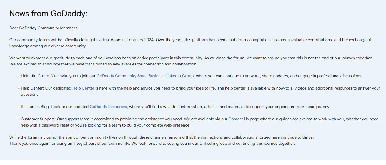 GoDaddy community werd in februari 2024 gesloten