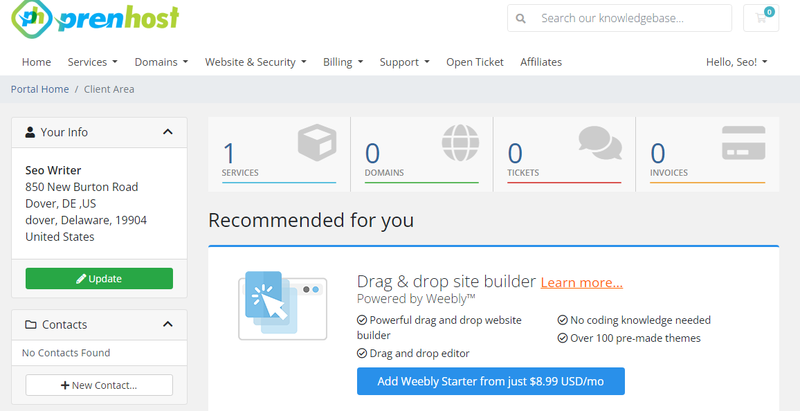 Screenshot of Client Area
