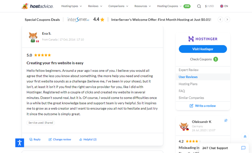 screenshot of Hostinger reviews