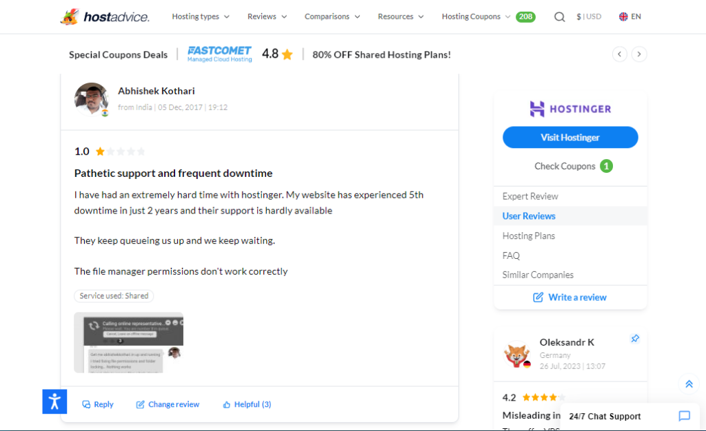 screenshot of Hostinger reviews