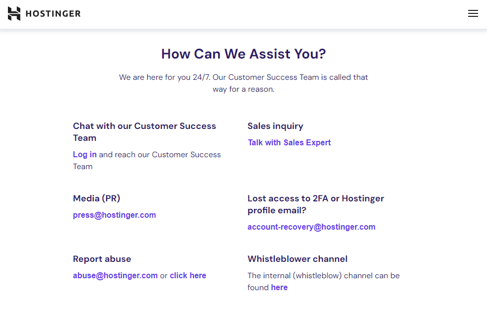screenshot of contact page