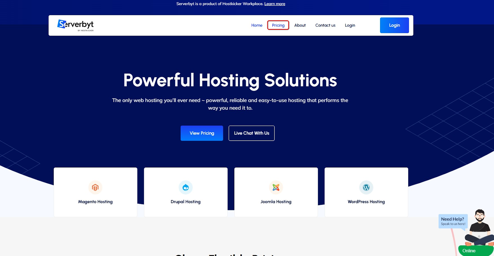 screenshot of Serverbyt website with Pricing tab highligted