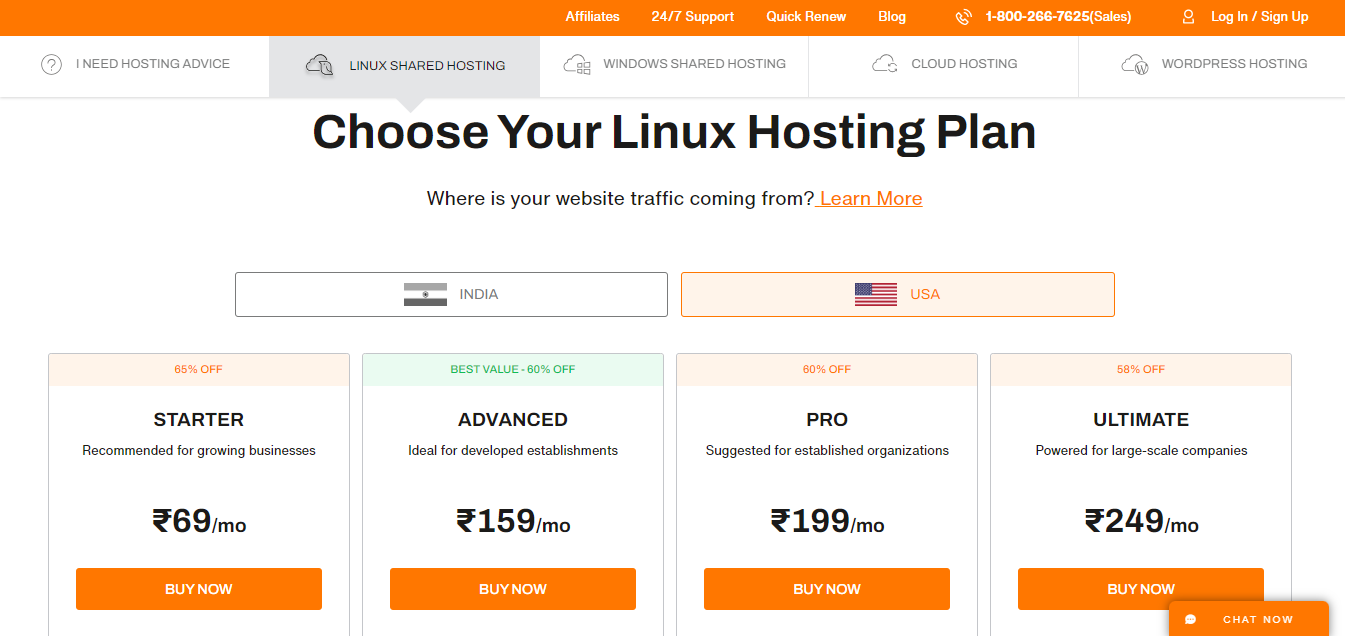 screenshot of hosting plans