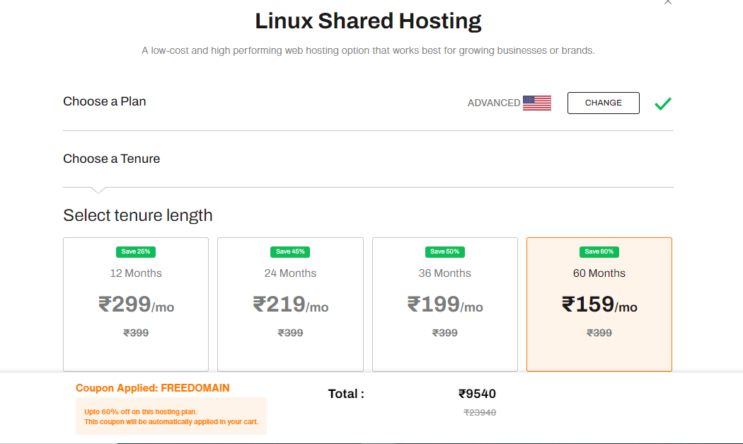 screenshot of Linux Shared Hosting pricing
