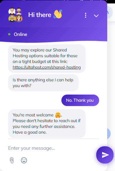 captura de pantalla de la conversación por chat en vivo con el soporte de UltaHost