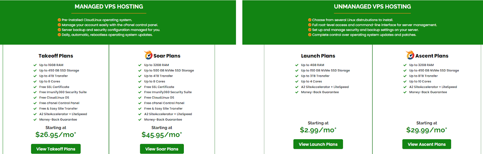 screenshot of hosting plans