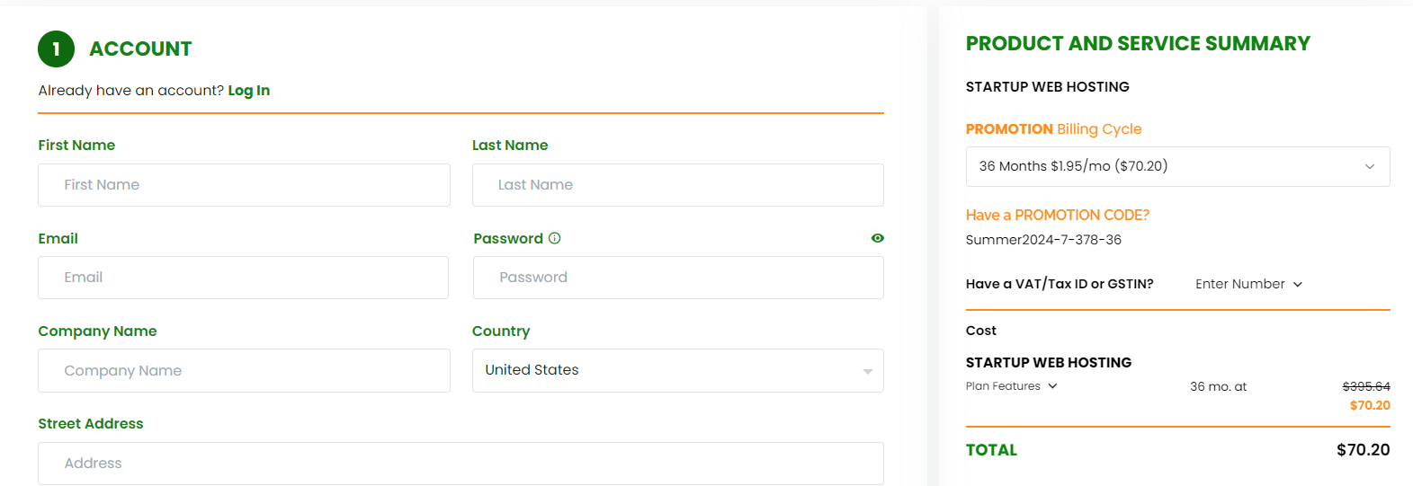 screenshot of the registration form