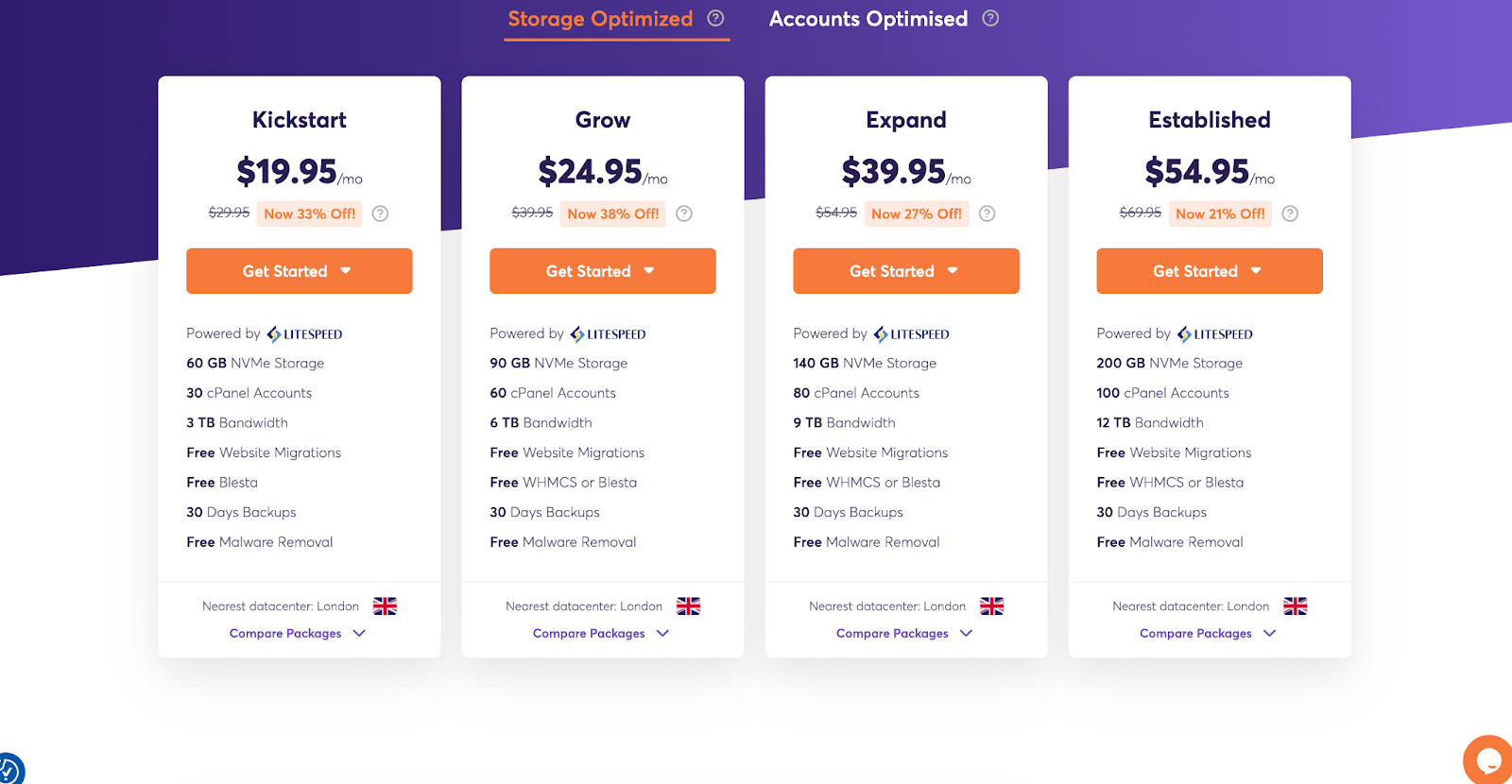 screenshot of hosting plans