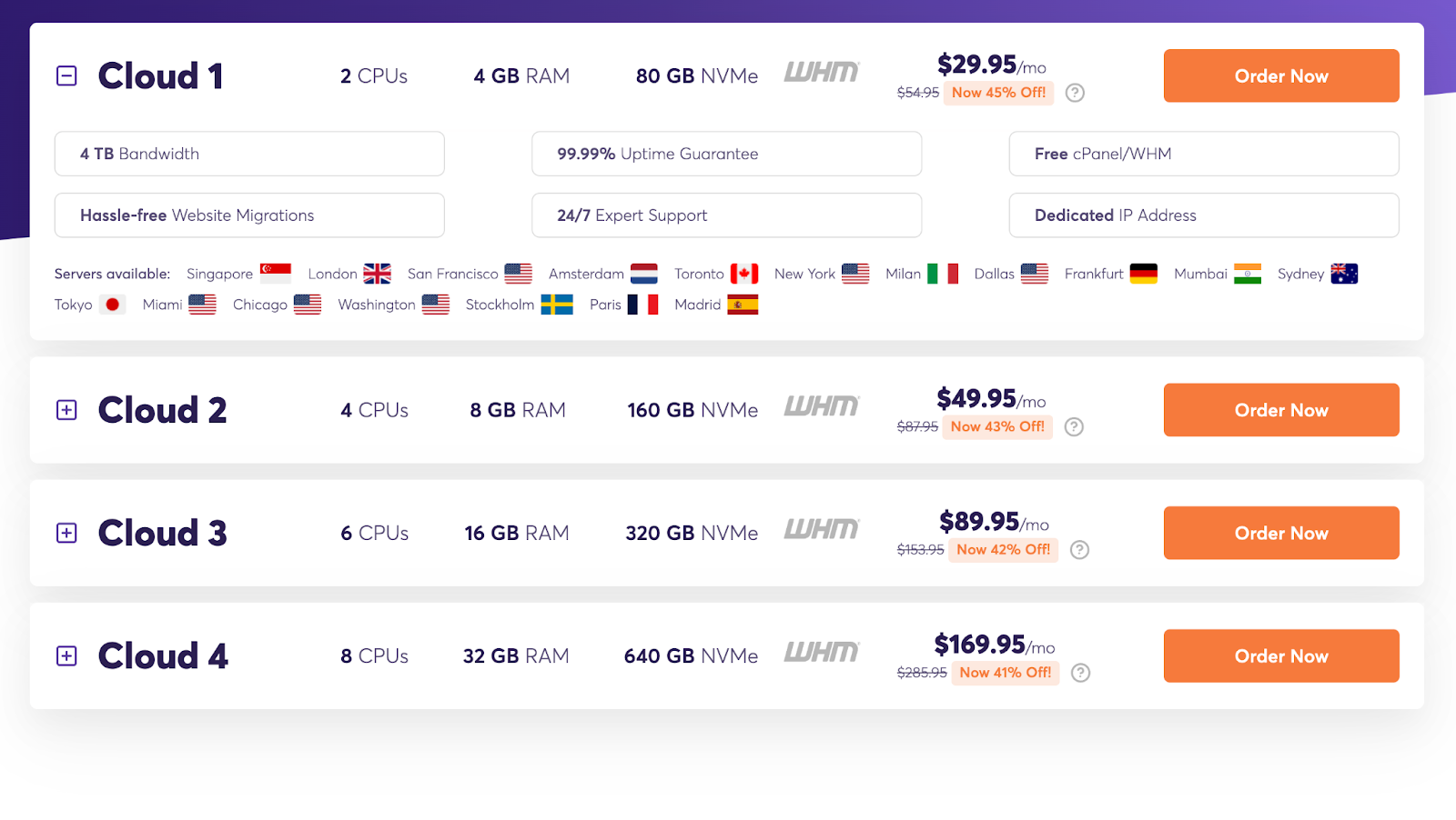 screenshot of hosting plans