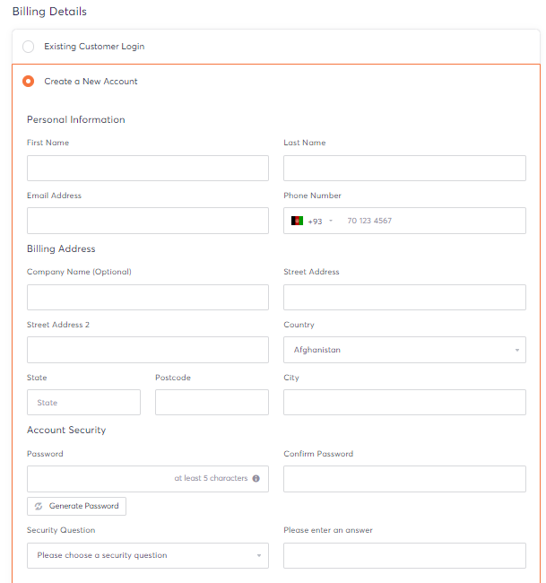 screenshot of the registration form