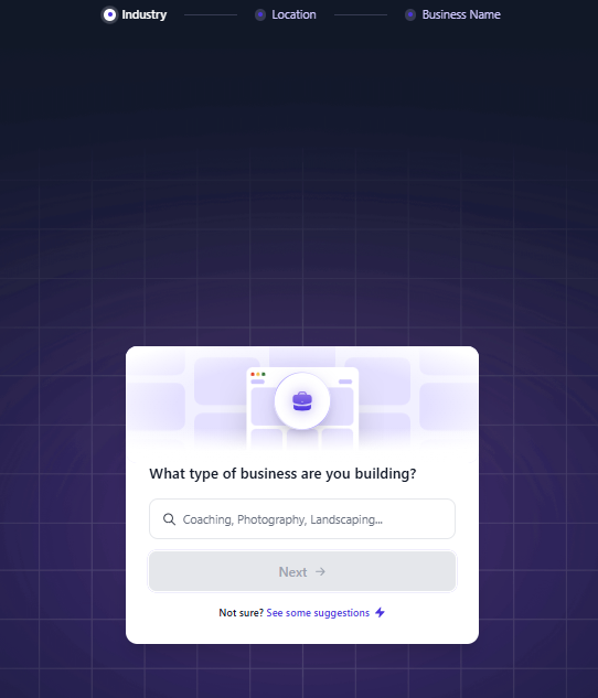 screenshot of business type choosing