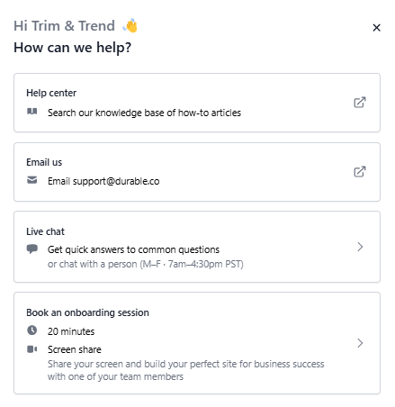 screenshot of support page