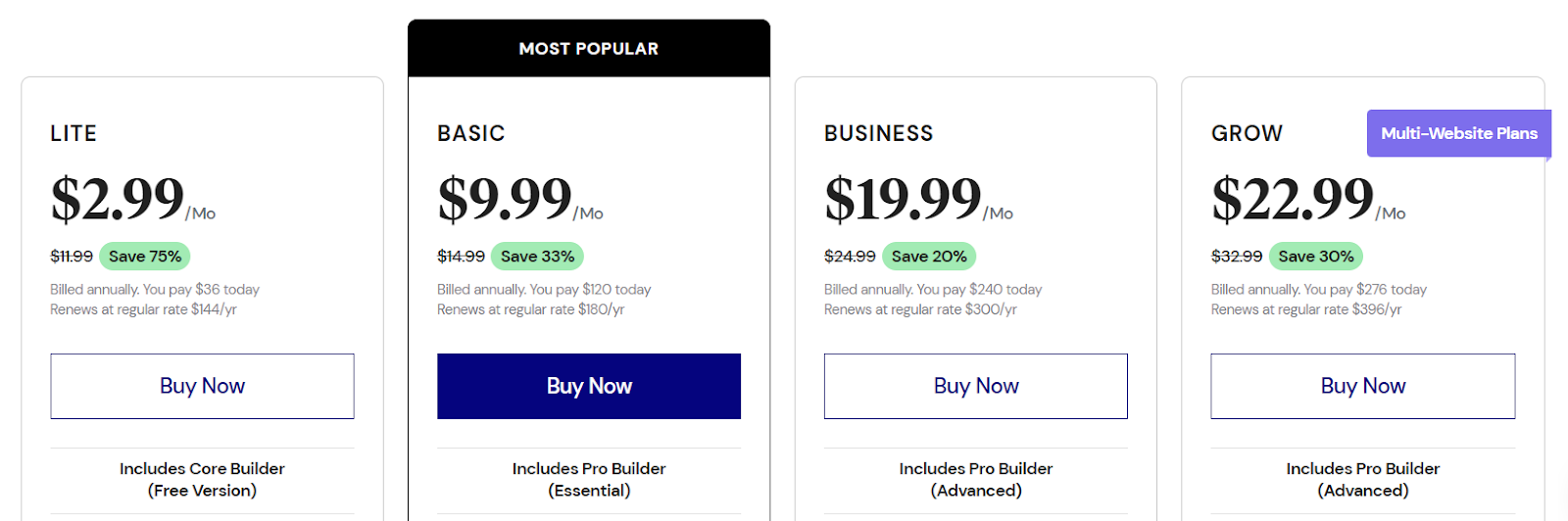 screenshot of hosting plans