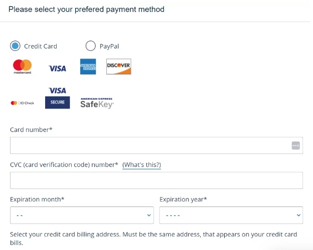screenshot of payment methods