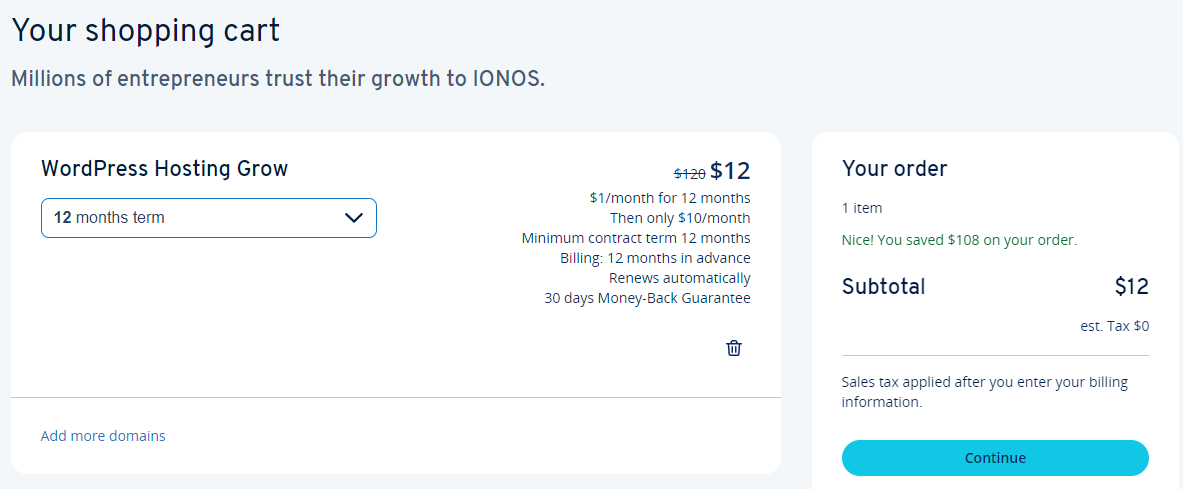 screenshot of the shopping cart