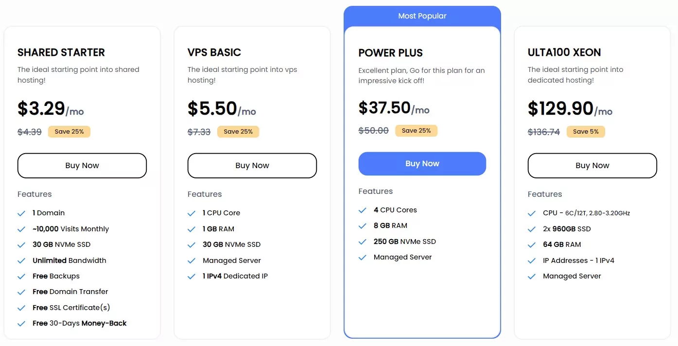 screenshot of shared hosting plans
