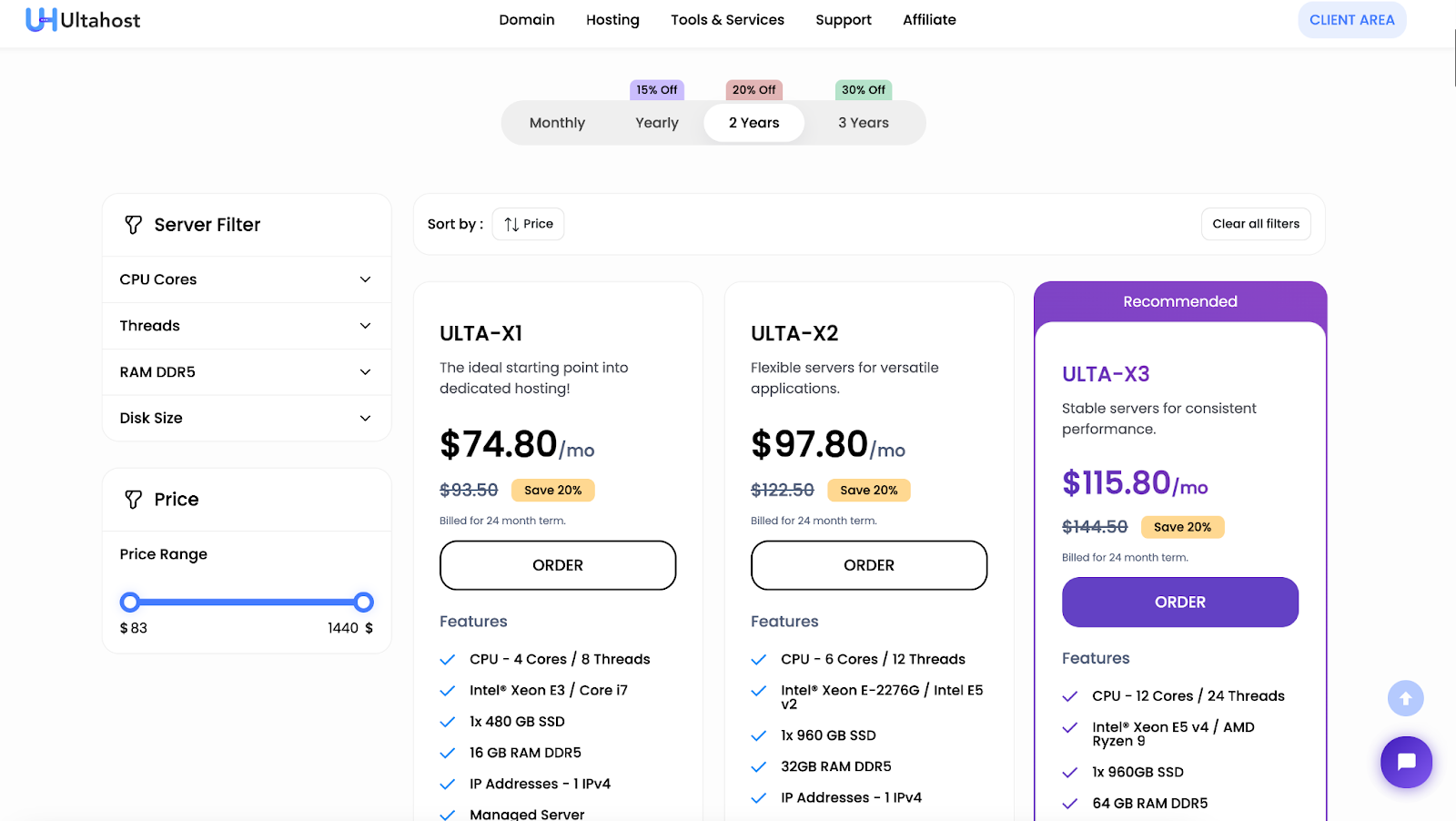 screenshot of hosting plans