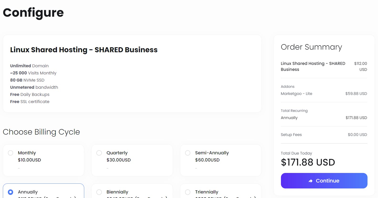 screenshot of hosting plan configurations