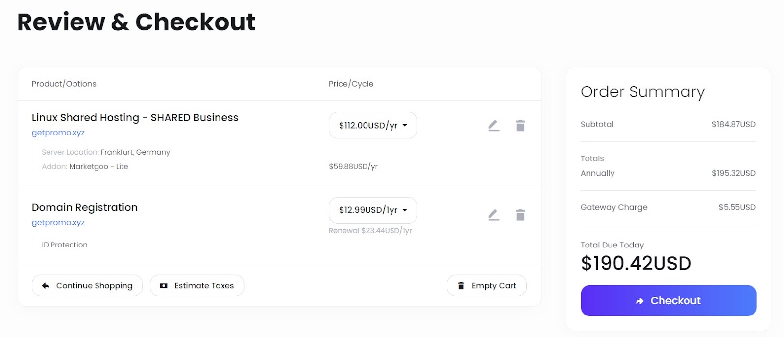 screenshot of the Checkout
