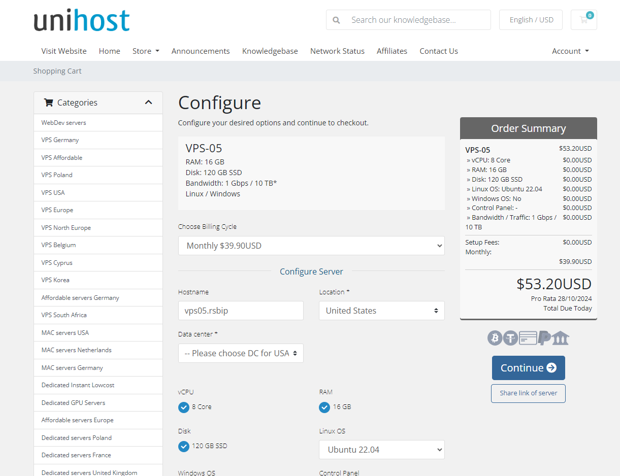 screenshot of the hosting plan configurations
