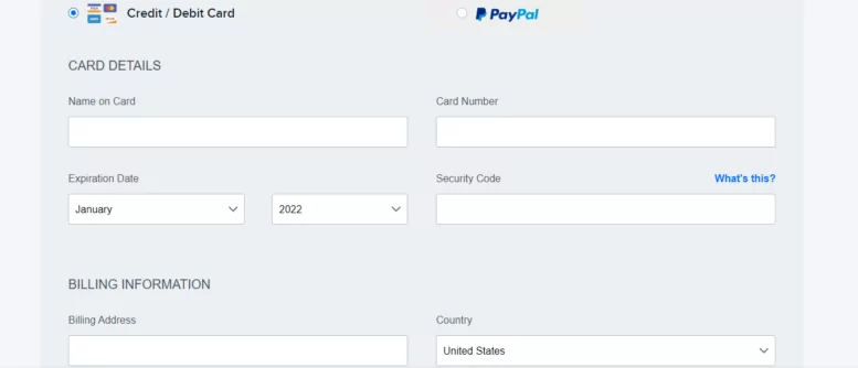 screenshot of the payment methods