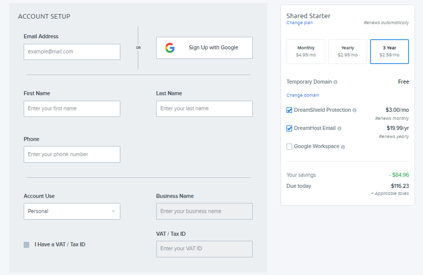 screenshot of the Account Setup 