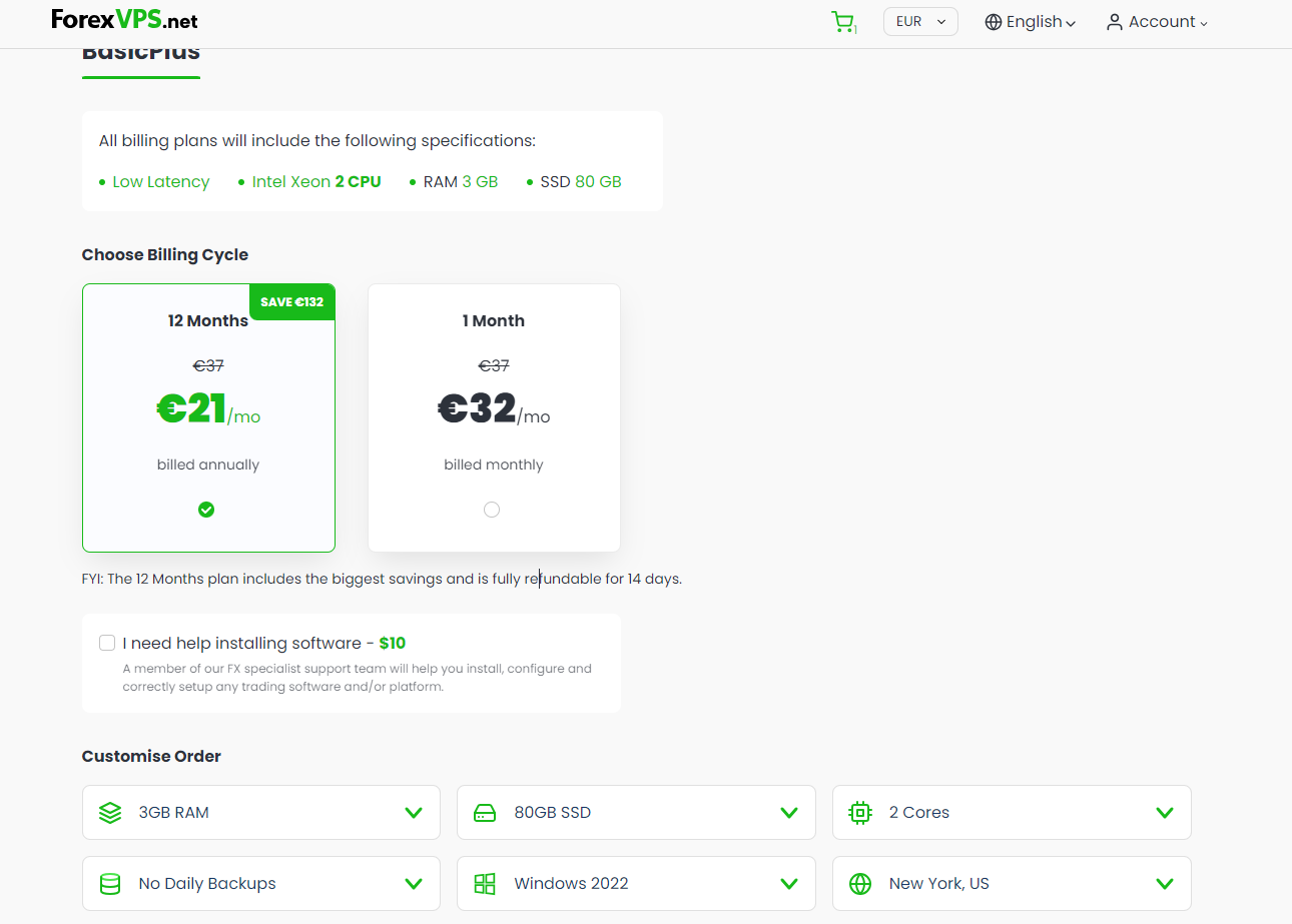 screenshot of the hosting plan configuration