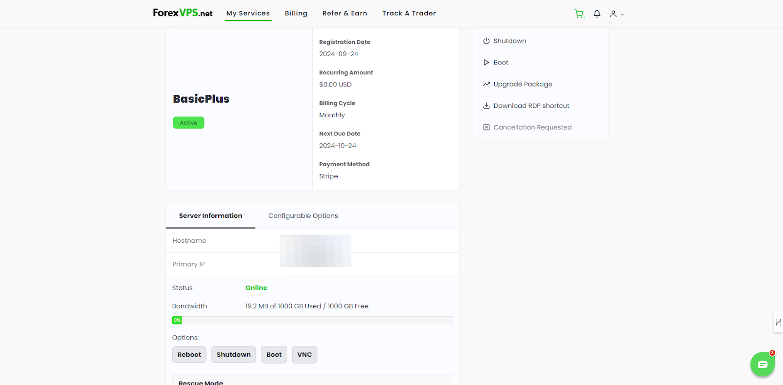 screenshot of the control panel