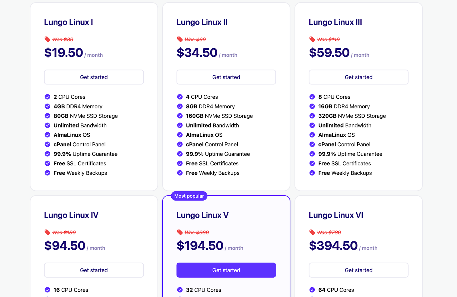 screenshot of hosting plans