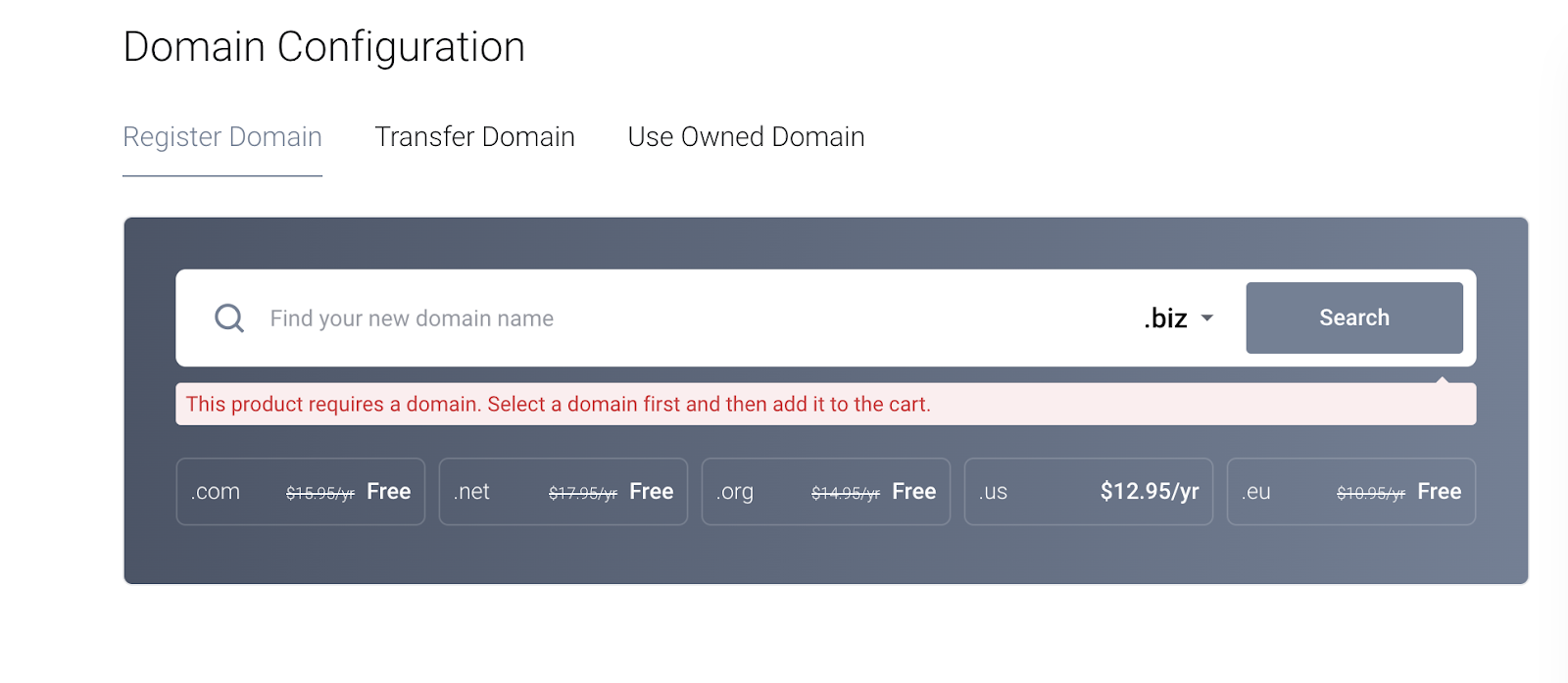 screenshot of the Domain Configuration