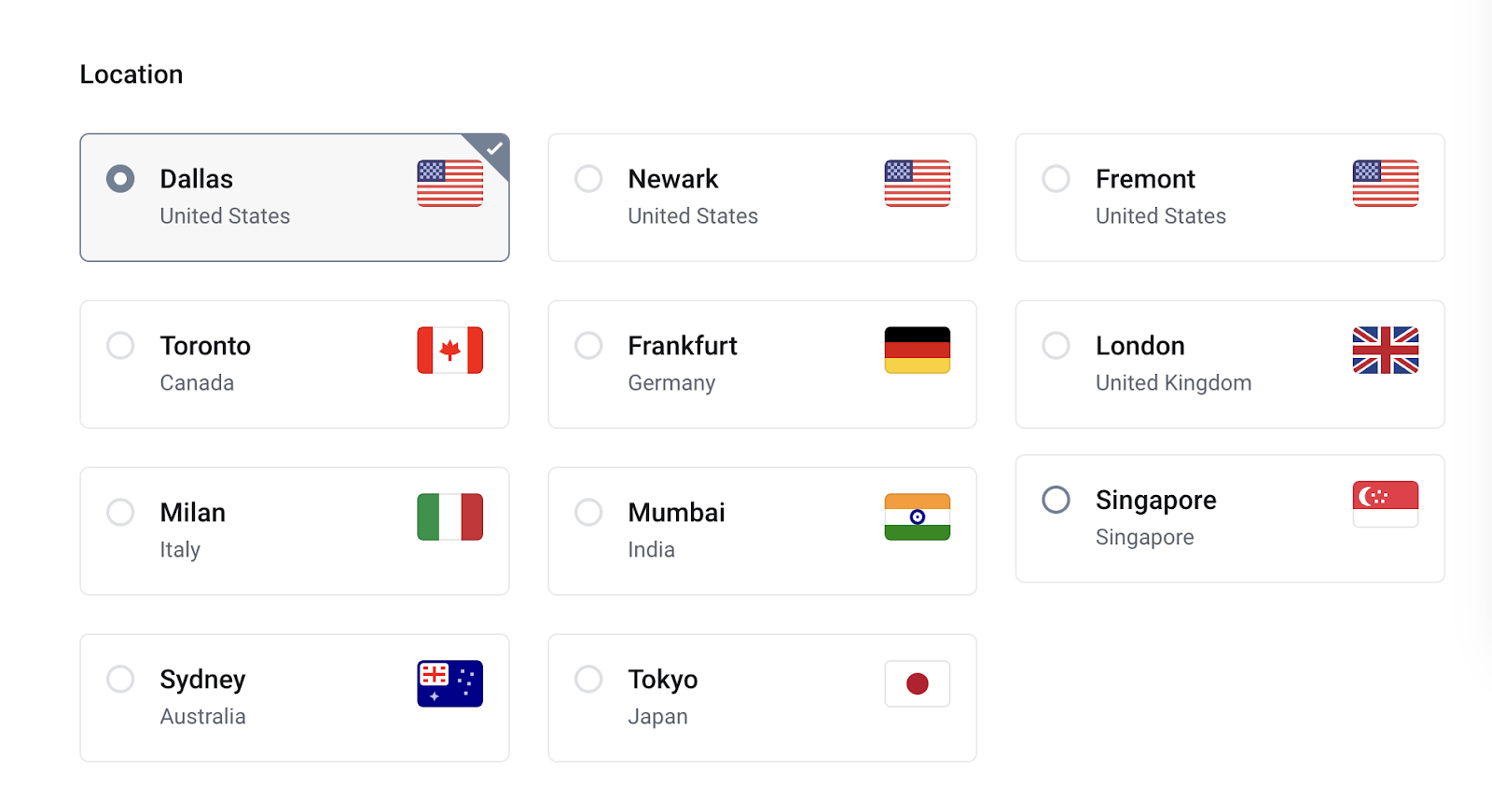 screenshot of the Server locations