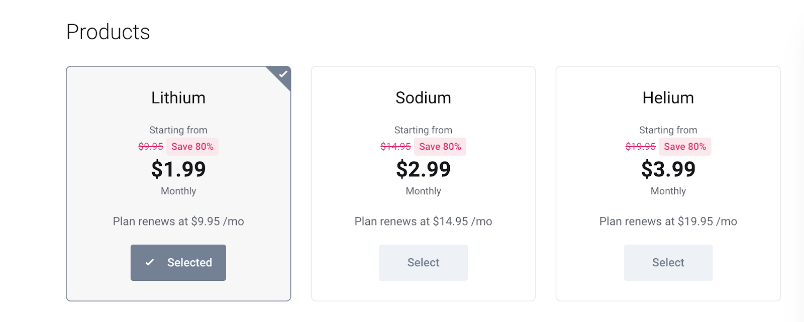 screenshot of hosting plans