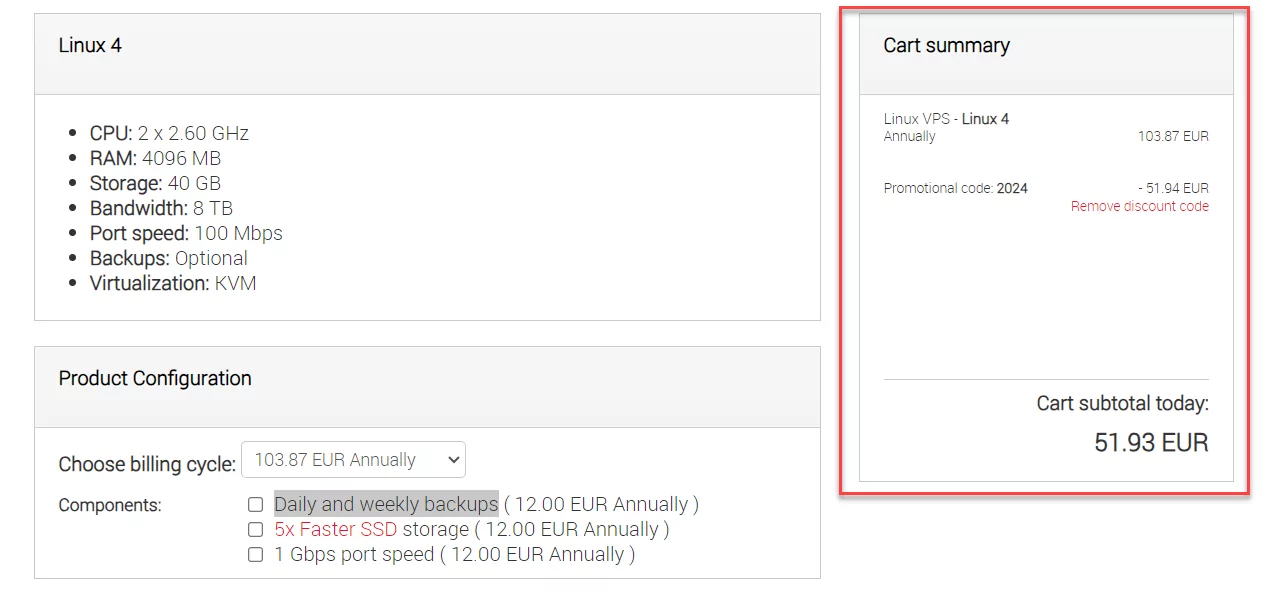 Time4VPS Black Friday & Cyber Monday Cart Summary