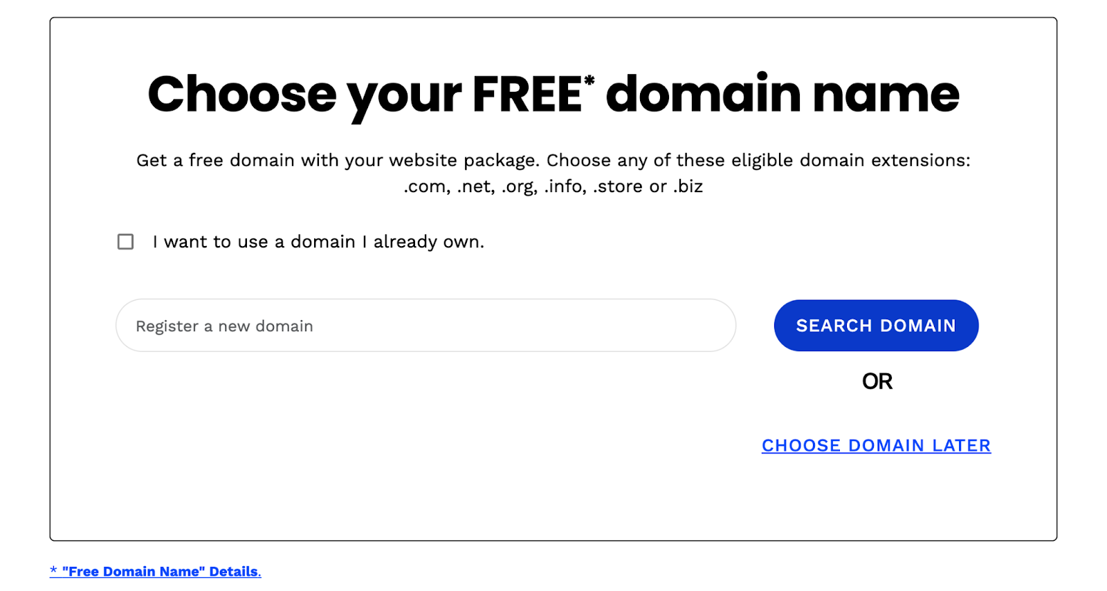 screenshot of domain selection