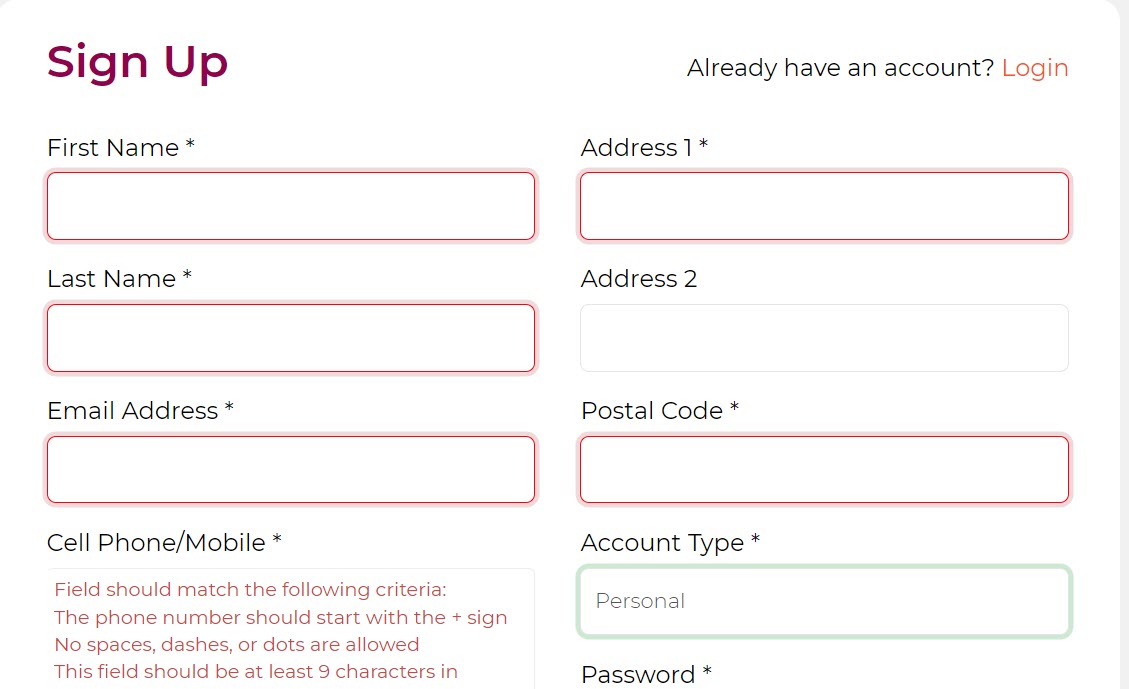 screenshot of Sign Up page