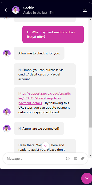 screenshot of Livechat conversation