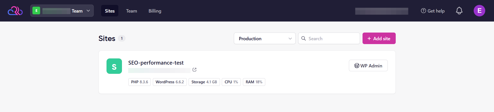 screenshot of Sites tab