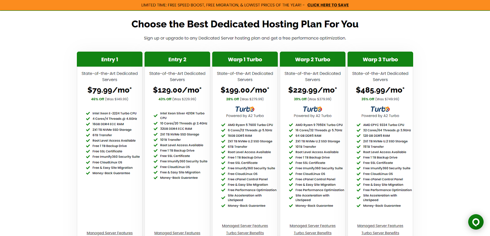 screenshot of the hosting plans