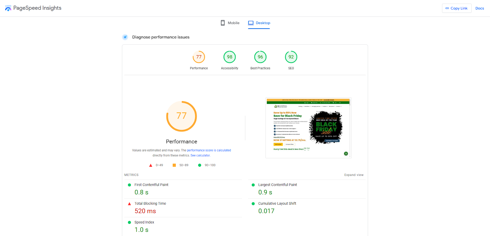 kuvakaappaus PageSpeed-testituloksista