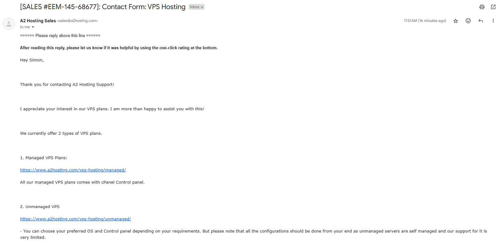 screenshot of the Email support