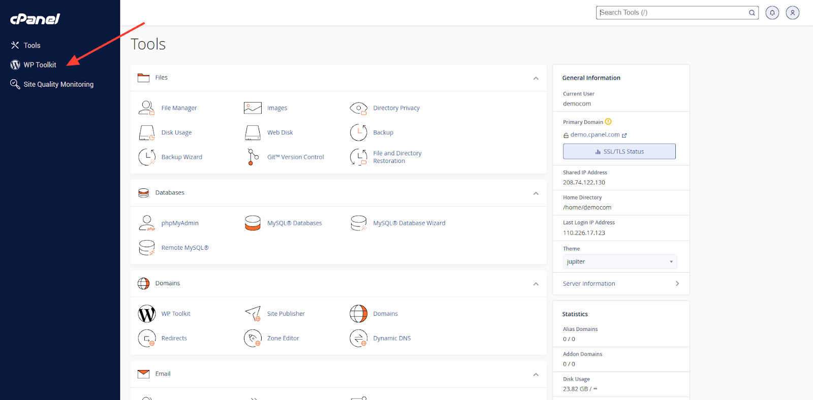 screenshot of the WP Toolkit menu