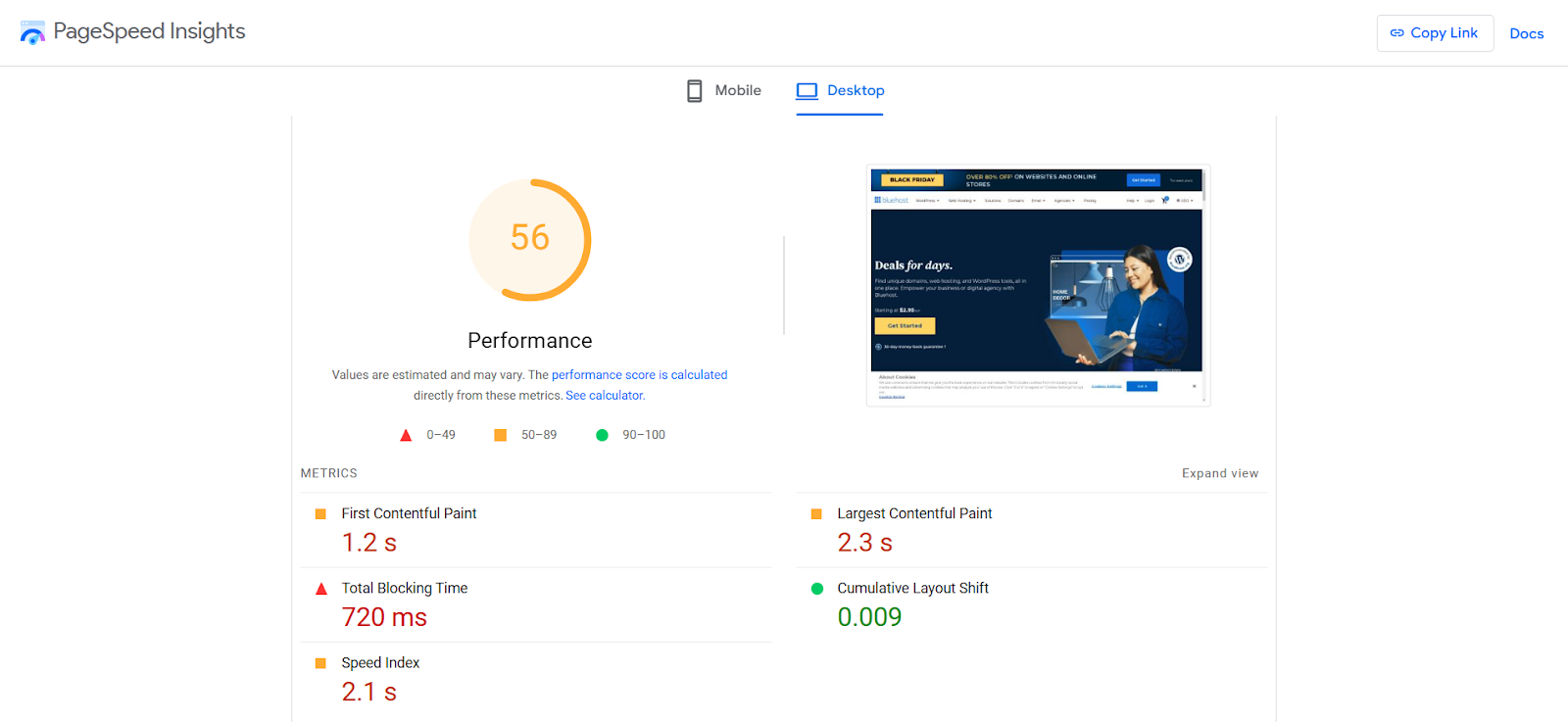 screenshot of PageSpeed test results