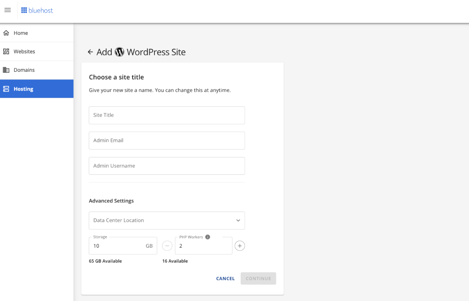 screenshot of the Hosting tab