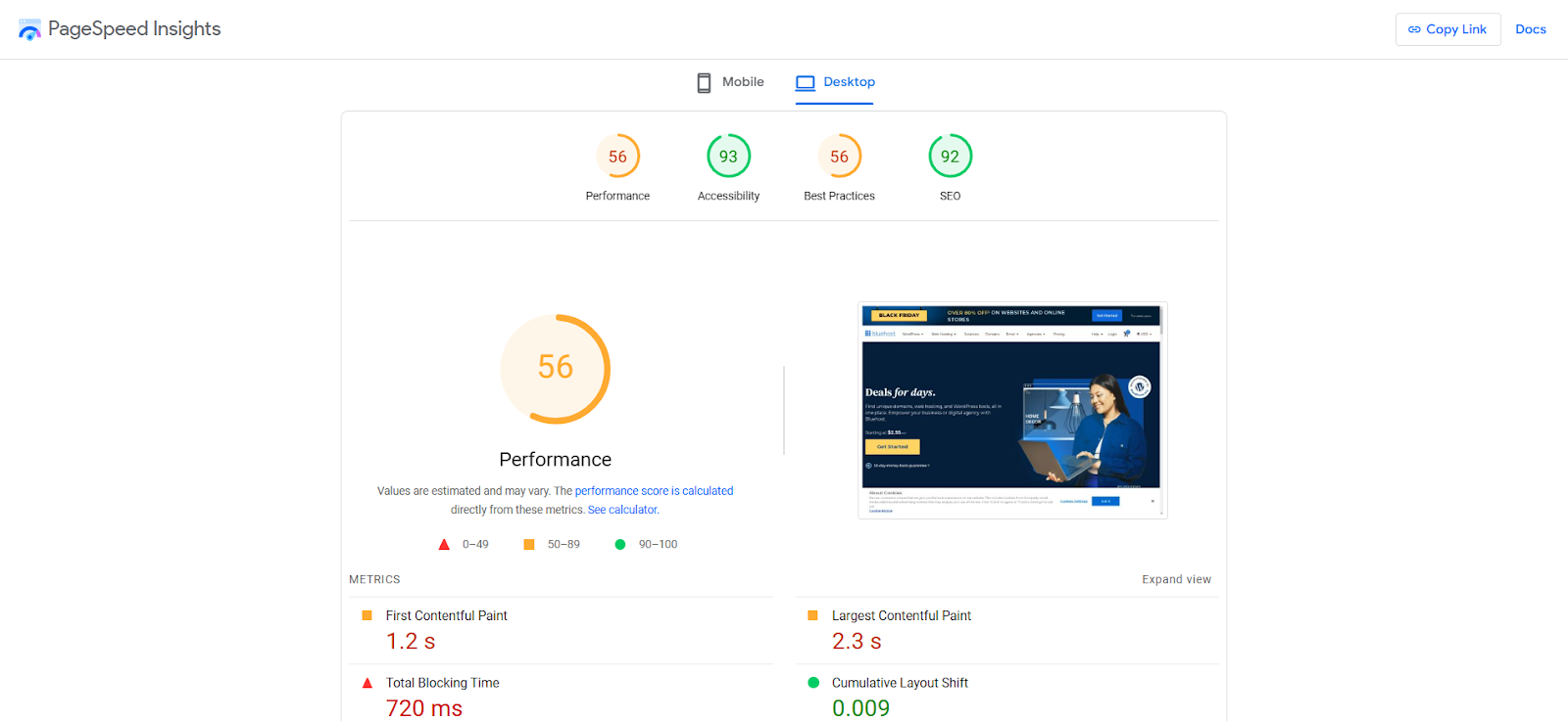 Screenshot der PageSpeed-Testergebnisse