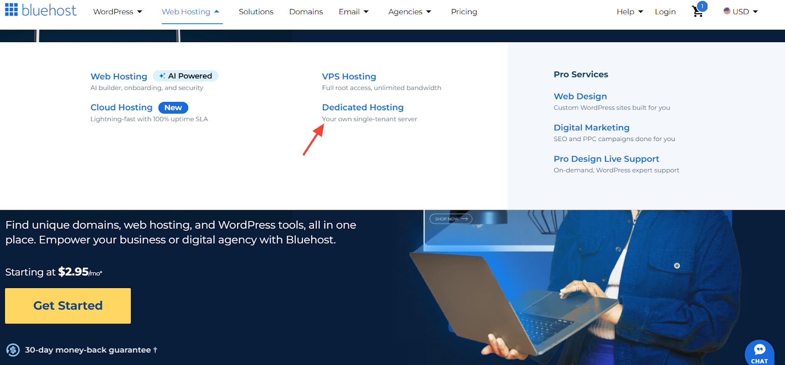 Screenshot des Dedicated Hosting-Buttons