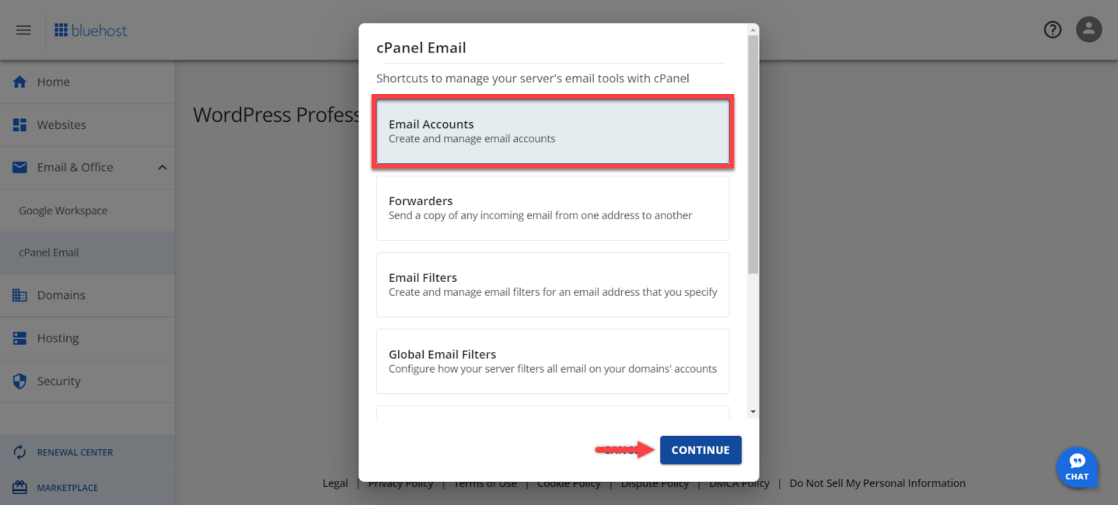 screenshot of the Email Accounts
