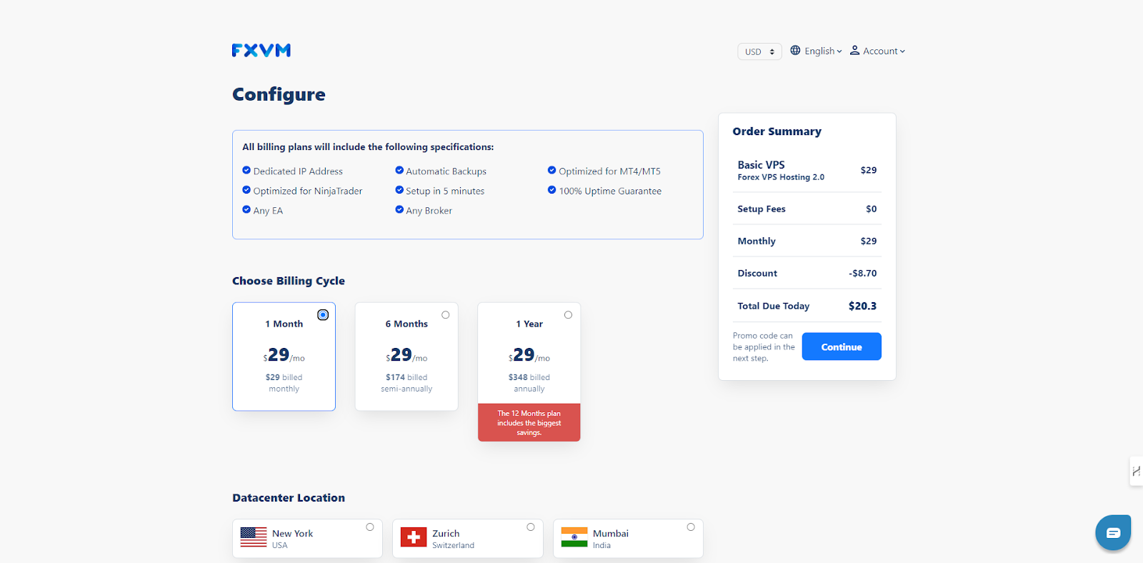screenshot of the hosting plan configurations