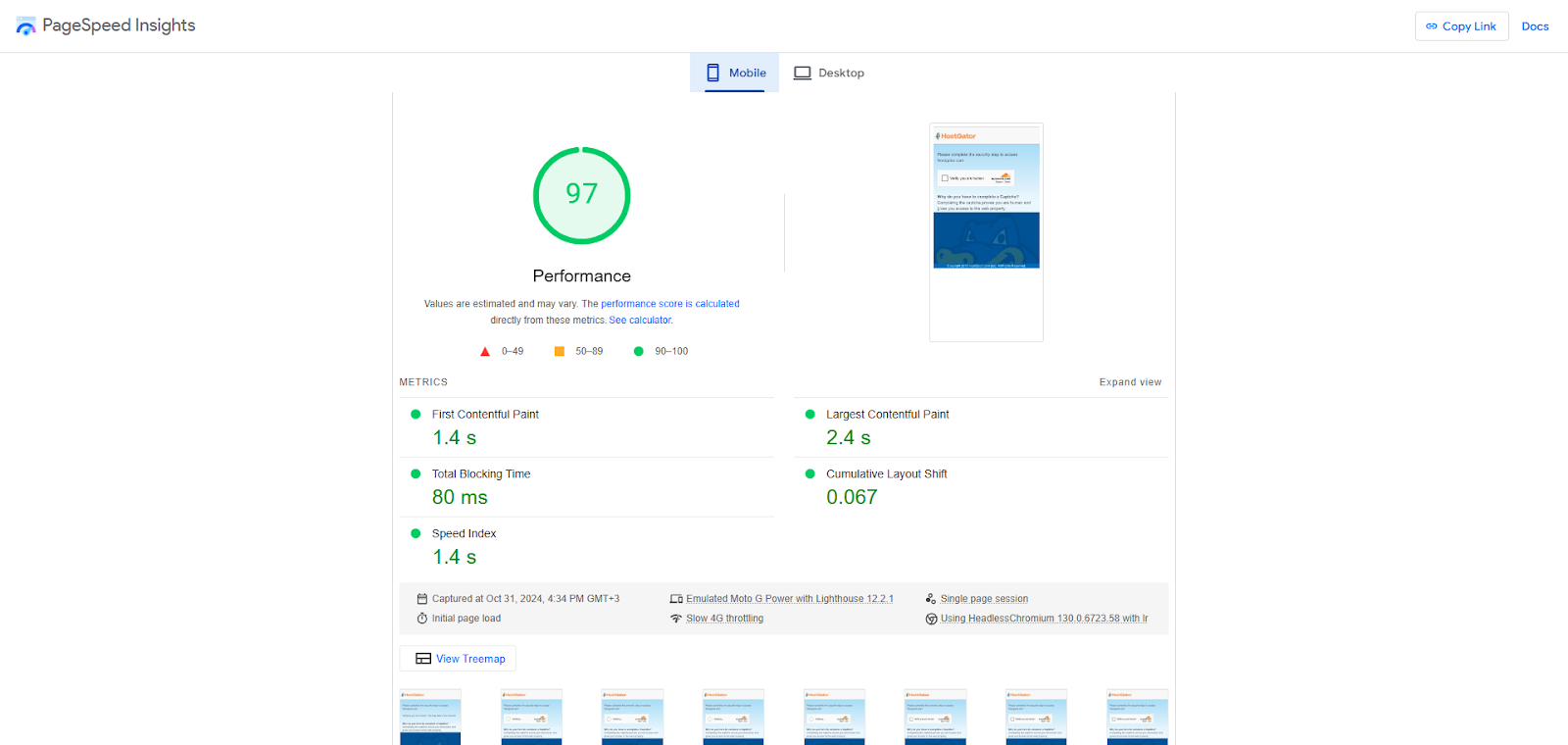 screenshot of the Page Speed test